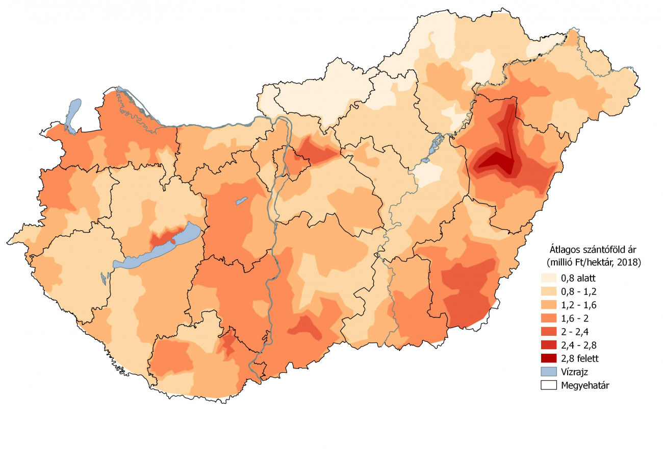 1. térkép. Átlagos fajlagos szántóföldárak Magyarországon 2018 Q1-Q3-ban (millió Ft/ha) (Forrás: TAKARÉK Termőföldindex)