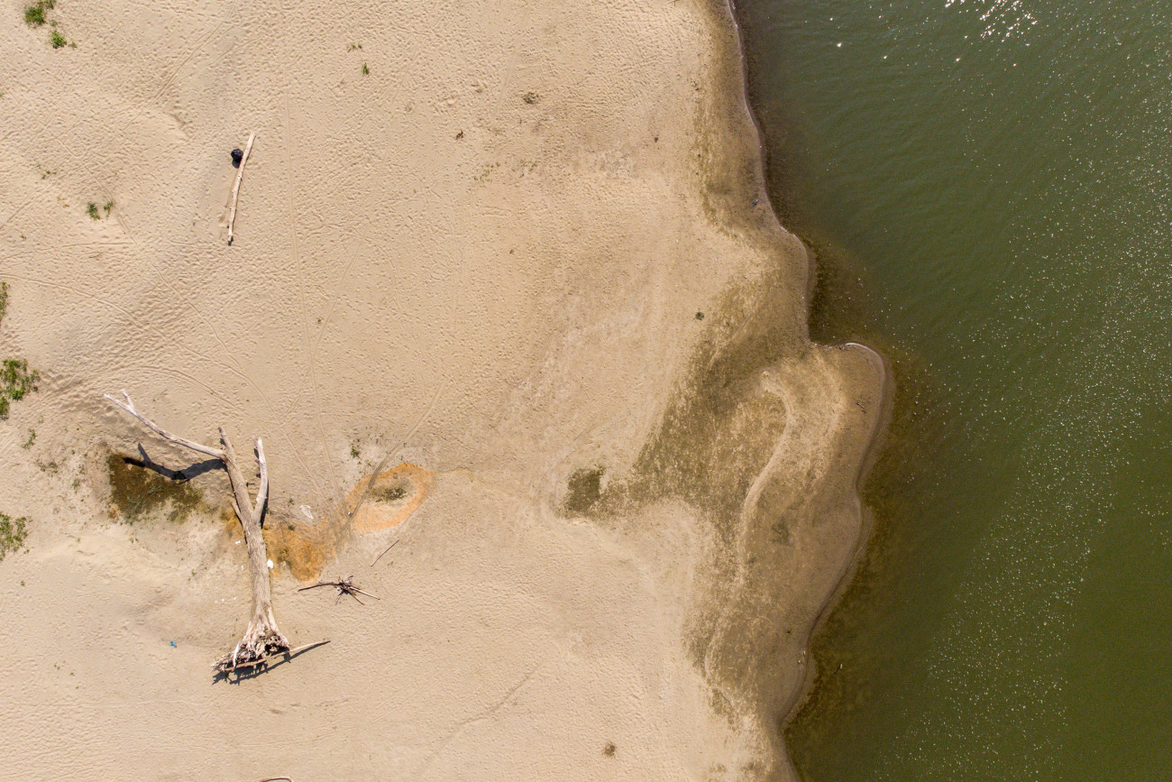 Kisköre, 2019. augusztus 29.
Fatörzs a Tisza alacsony vízállása miatt kialakult homokpadon, a kiskörei vízlépcsőnél 2019. augusztus 29-én.
MTI/Czeglédi Zsolt