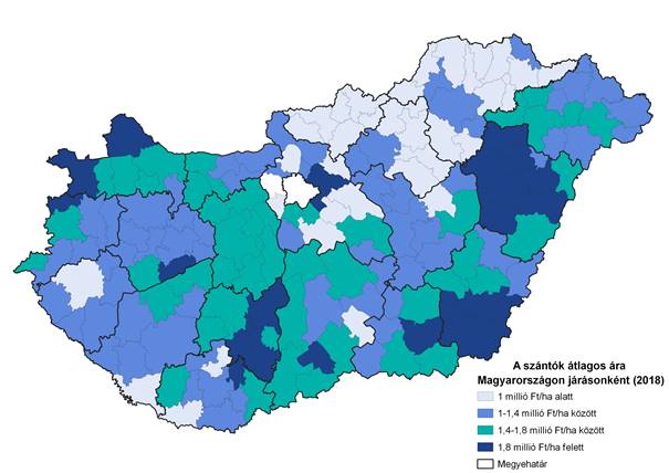1. térkép: A szántóföldek átlagárai 2018-ban Magyarországon járásonként (Forrás: TAKARÉK Termőföldindex)