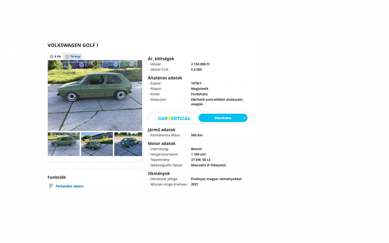 1978-as Volkswagen Golf I: 2 150 000 forintért.