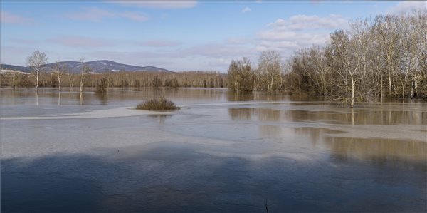 A megáradt Tisza és Bodrog folyók között elöntött Bodrogköz, Bodrogkeresztúr határában 2021. február 13-án. MTI/Balázs Attila
