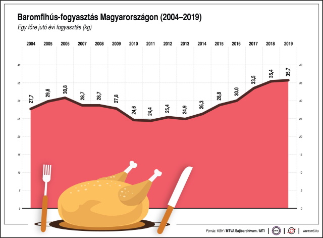 Baromfihús-fogyasztás Magyarországon, 2004-2019 (Forrás: KSH/MTVA Sajtóarchívum/MTI)
