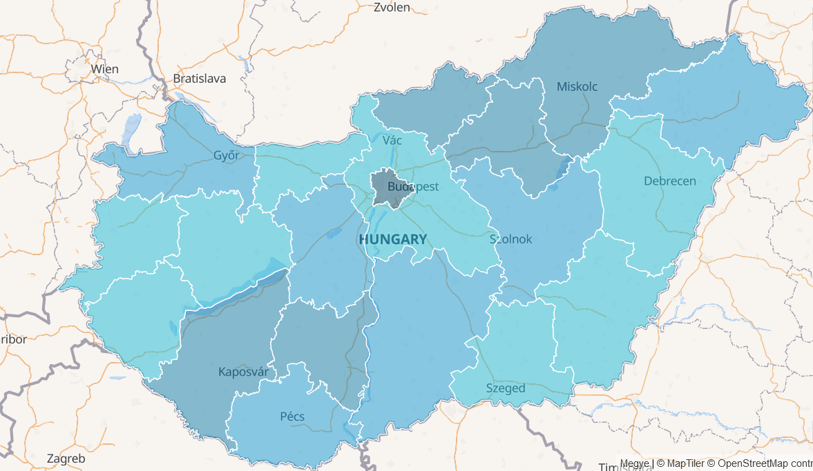 Fertőzöttségi térkép, megyei bontás - 2020. 10. 10 - 2021. 10. 10-ig (Forrás: Poilce.hu)