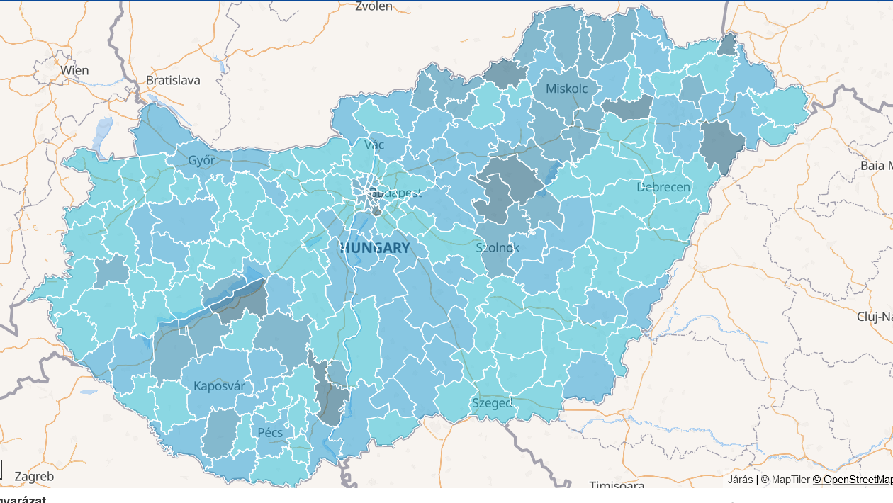 Fertőzöttségi térkép, járási bontás - 2020. 10. 10 - 2021. 10. 10-ig (Forrás: Poilce.hu)