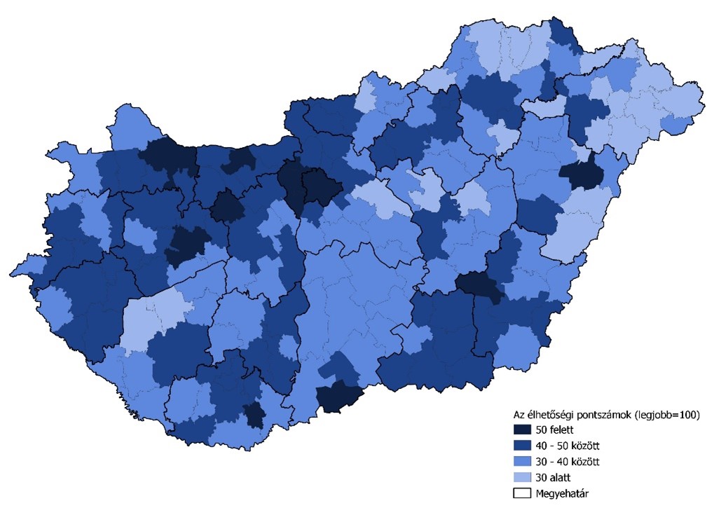Az élhetőségi pontszámok Magyarország különböző járásaiban (maximum=100; Forrás: Takarék Index számítás)