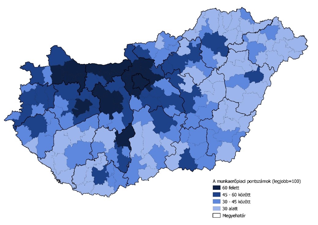 A munkaerőpiaci pontszámok szerinti első tíz járás Magyarországon (Forrás: Takarék Index számítás, felhasználta adatok forrása: TeIR, KSH)