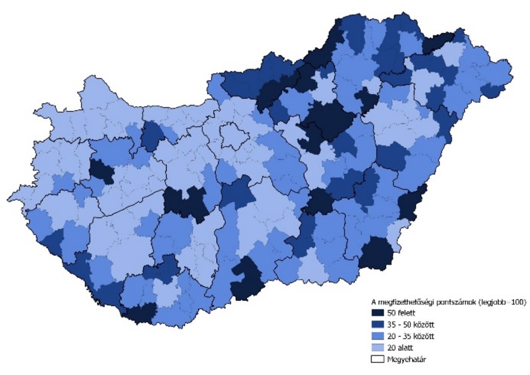 A megfizethetőség pontszámok szerinti első tíz járás Magyarországon (Forrás: Takarék Index számítás, felhasznált adatok forrása: TeIR, Takarék Index)