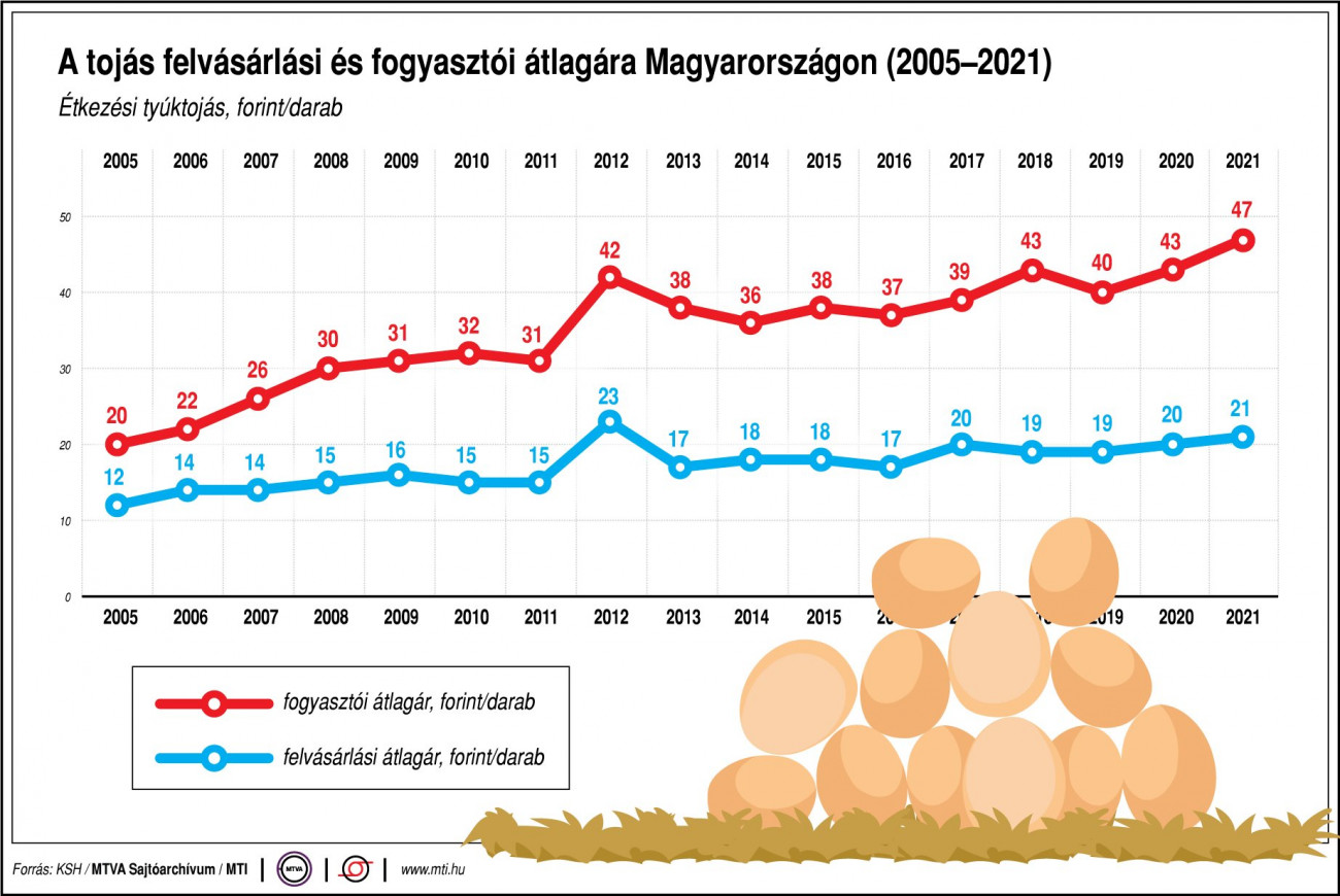 A tojás felvásárlási és fogyasztói átlagára Magyarországon (2005-2021)