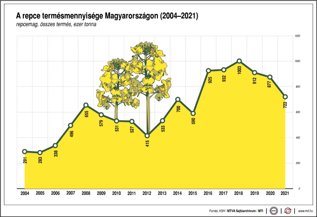 A repce termésmennyisége Magyarországon (2004-2021) (Forrás: KSH/MTVA Sajtóarchívum/MTI)
