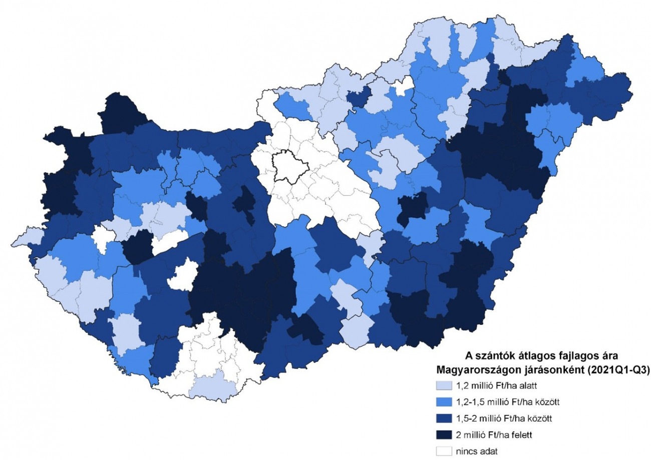 3.ábra: Átlagos fajlagos szántóföldárak Magyarországon 2021 első három negyedévében (millió Ft/ha) (Forrás: TAKARÉK Termőföldindex