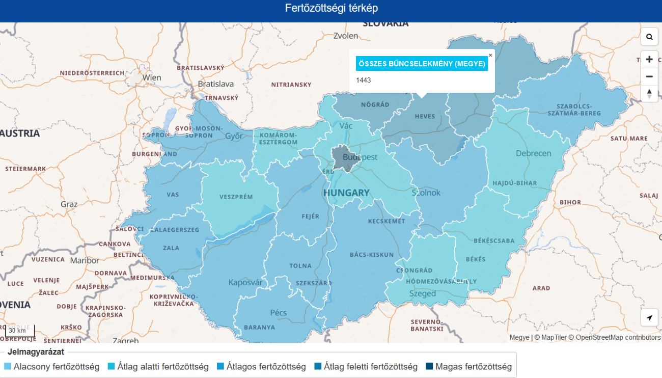 Fertőzöttségi térkép - Összes bűncselekmény (megyei bontásban) Forrás: Police.hu