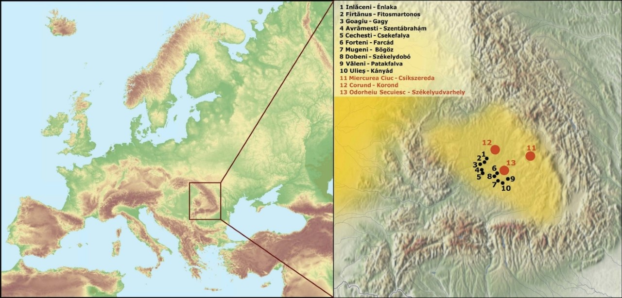 Európa és Románia erdélyi részének térképe, amelyen a DNS-minták gyűjtésének helyszínéül szolgáló székely falvak láthatók (fekete színnel jelölve).
A citromsárga háttér a magyar nyelvű népesség, köztük a székelyek, települési területeit jelöli.
A piros narancssárga körök jelzik a korábban gyűjtött és publikált székely adatsorok mintagyűjtési helyeit (Egyed et al., 2007; Tömöry et al., 2007) és Székelyudvarhelyet.