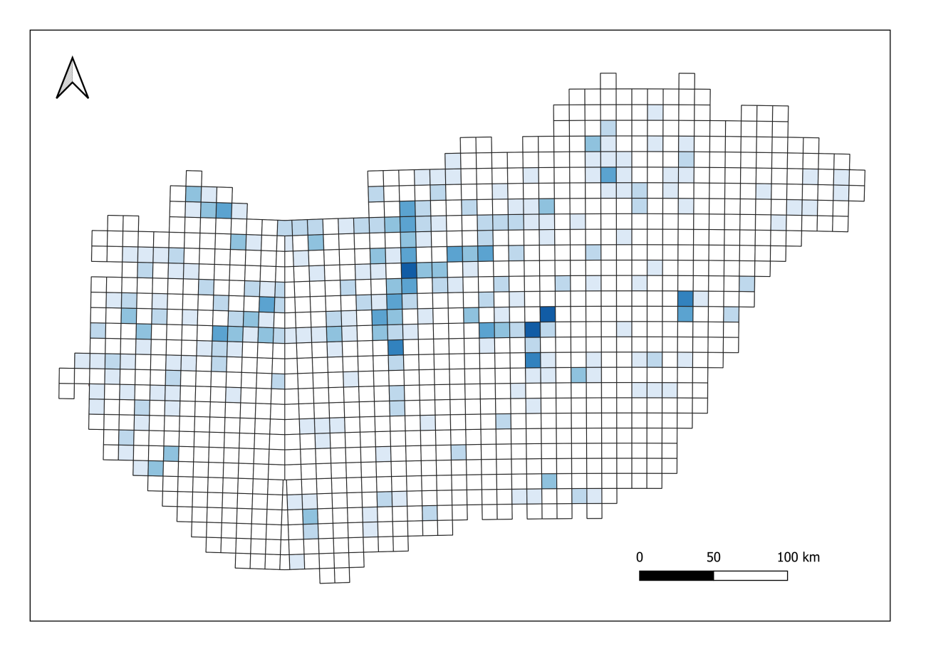 Az UTM négyzetháló forrása: Magyarország Élőhelyeinek Térképi Adatbázisa (MÉTA). A térkép frissítésének dátuma: 2023-09-05